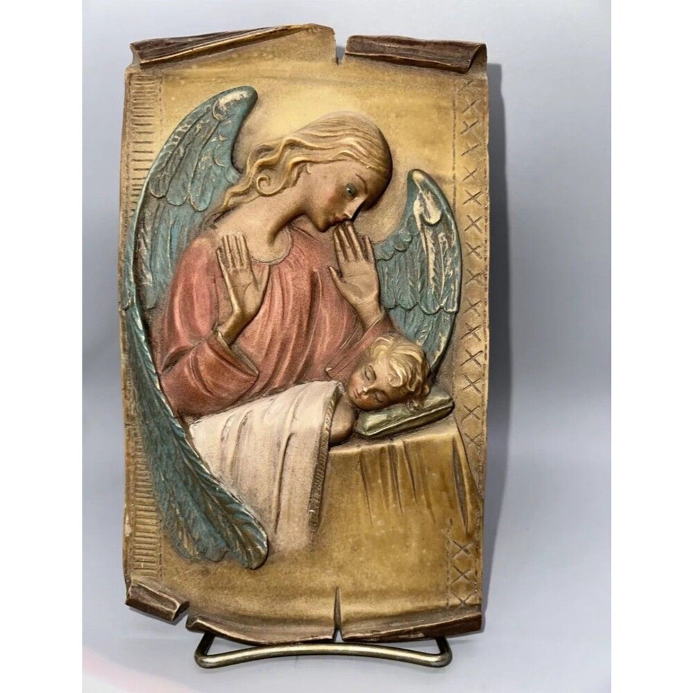 VINTAGE GUARDIAN ANGEL OVER SLEEPING CHILD PLAQUE MADE IN ITALY 9" X 5"